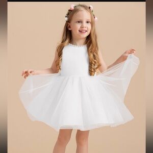 Satin tulle flower girl dress with pearl details and bow in back, size 2 toddler